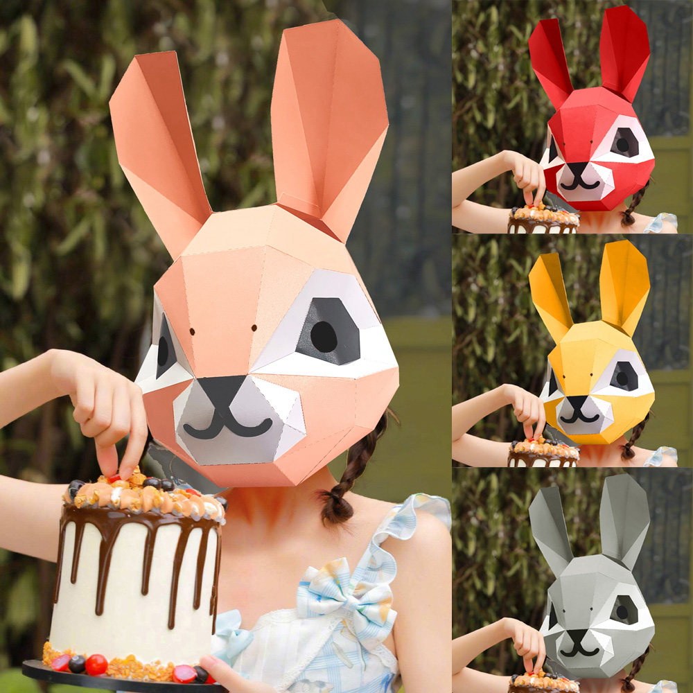 兔子纸模头套可爱卡通动物diy兔年创意成人儿童面具节日演出道具