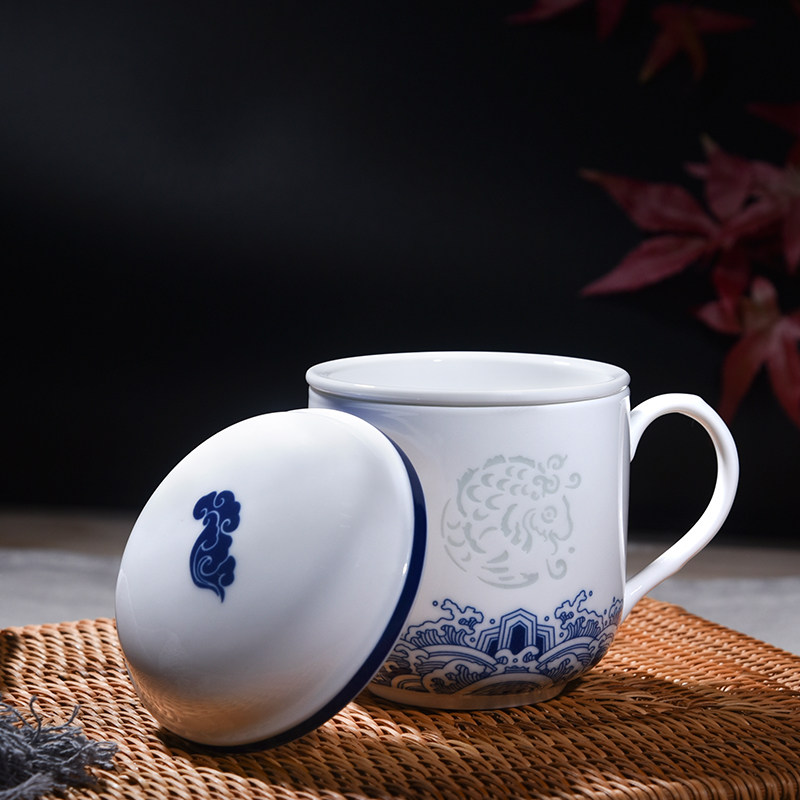 玉柏陶瓷玲珑瓷过滤杯鱼跃龙门青花瓷泡茶杯大容量办公室杯子创意