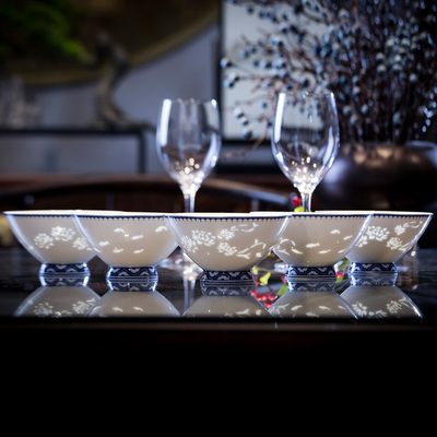 景德镇玉柏玲珑碗碟套装家用中式斗笠饭碗单个青花高档陶瓷餐具