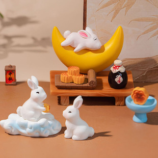 20款中秋系列摆件可爱灯笼树脂兔子摆设桌面小床兔子小狗蛋糕装饰