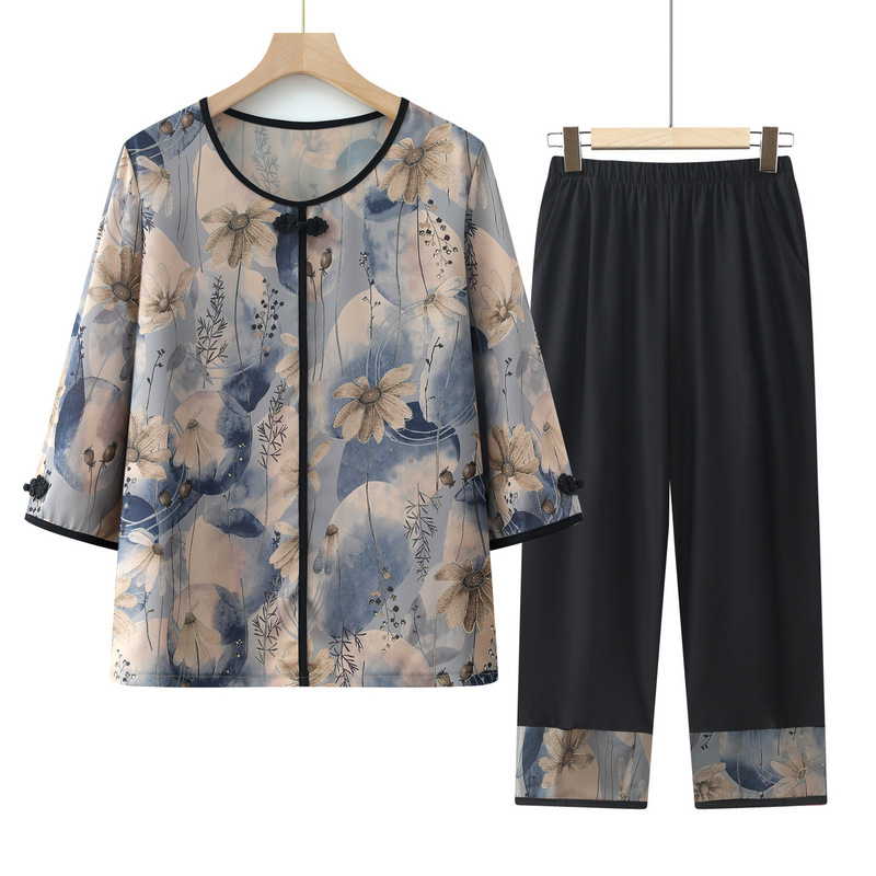 中老年女装奶奶夏季t恤两件套妈妈装薄款夏装七分袖套装老人衣服