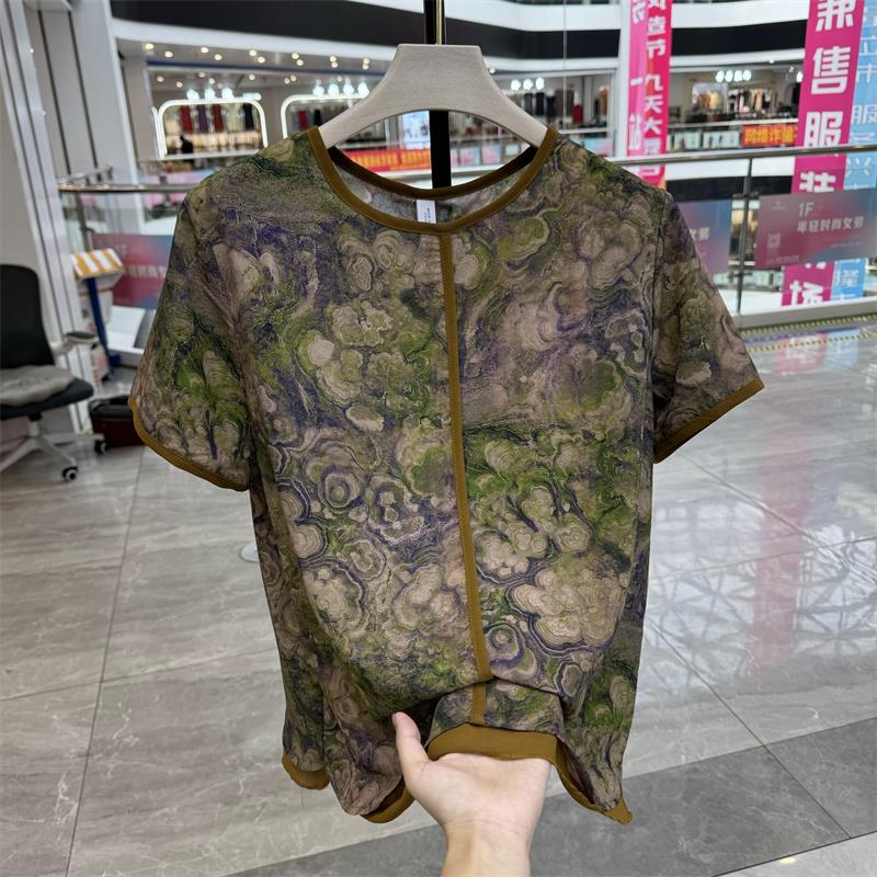 高品质中年2024夏装新款妈妈圆领撞色边印花桑蚕丝短袖T恤衫衬衣