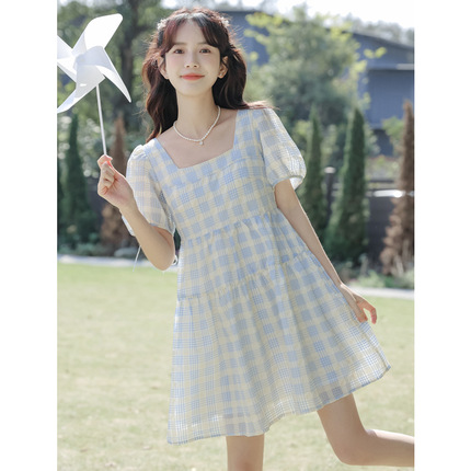 温柔甜美格子仙女裙小个子短款连衣裙2024夏季新款短袖一件代发