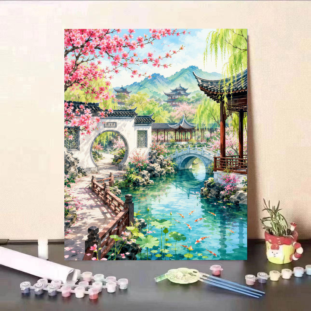 数字油画diy中式园林手工填色儿童成人治愈四季风景手绘装饰画