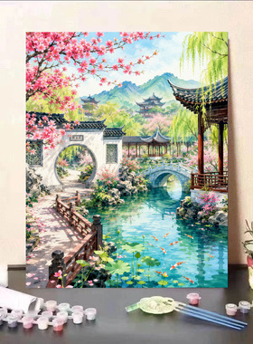 数字油画diy中式园林手工填色儿童成人治愈四季风景手绘装饰画