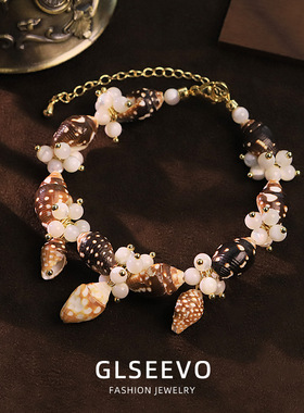 天然珍珠贝壳海螺手链18k真金电镀百搭手镯小众感手串手饰品