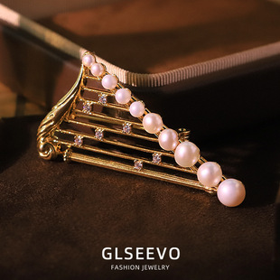 原创天然淡水珍珠竖琴胸针胸花女复古设计别针感大衣配饰