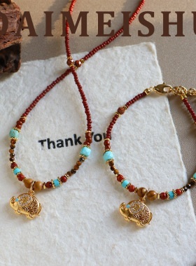 原创复古精致时尚气质红色米珠锆石吉象吊坠项链轻奢感锁骨链彩色