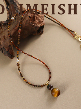 原创秋冬复古美拉德虎眼石葫芦福禄串珠毛衣链轻奢感长项链女