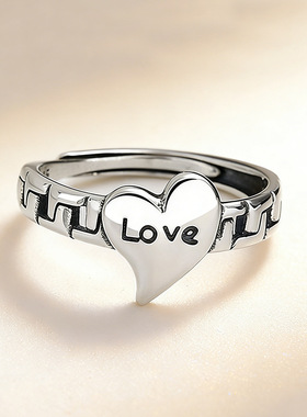 复古韩版爱心字母LOVE戒指ins个性创意百搭镀银做旧心形指环货源