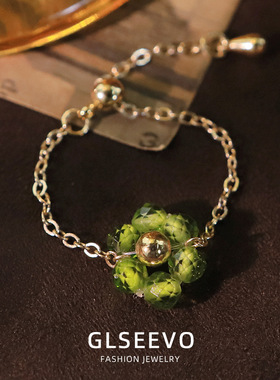 绿色锆石铜链戒指女18K镀金开口可调节指环小众花朵设计链条尾戒