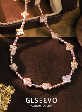 原创手工设计紫色巴洛克花朵珍珠项链小众百搭脖颈链饰品