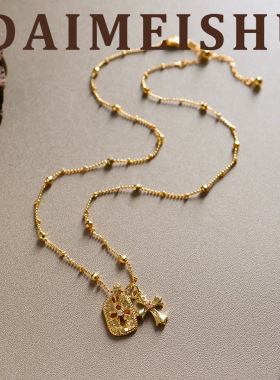 欧美复古时尚精致碎冰冰镂空双十字架吊坠项链轻奢感锁骨链女