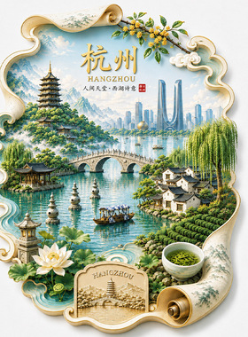 杭州西湖金属冰箱贴3d立体浮雕磁贴旅游城市纪念品文创伴手礼物
