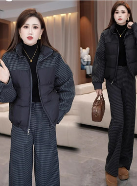 立领外套时尚套装2025冬季毛呢拼接棉服阔腿裤两件套夹克加厚女
