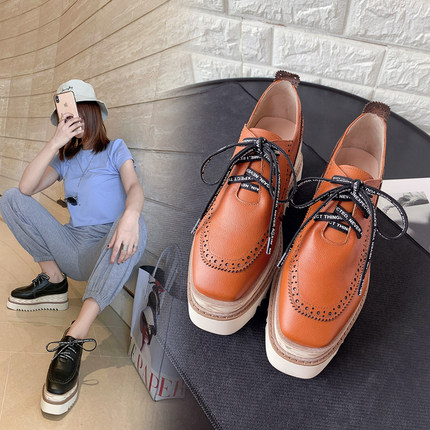 欧洲站厚底坡跟松糕鞋原创春季内增高布洛克黑色系带 7厘米单鞋女