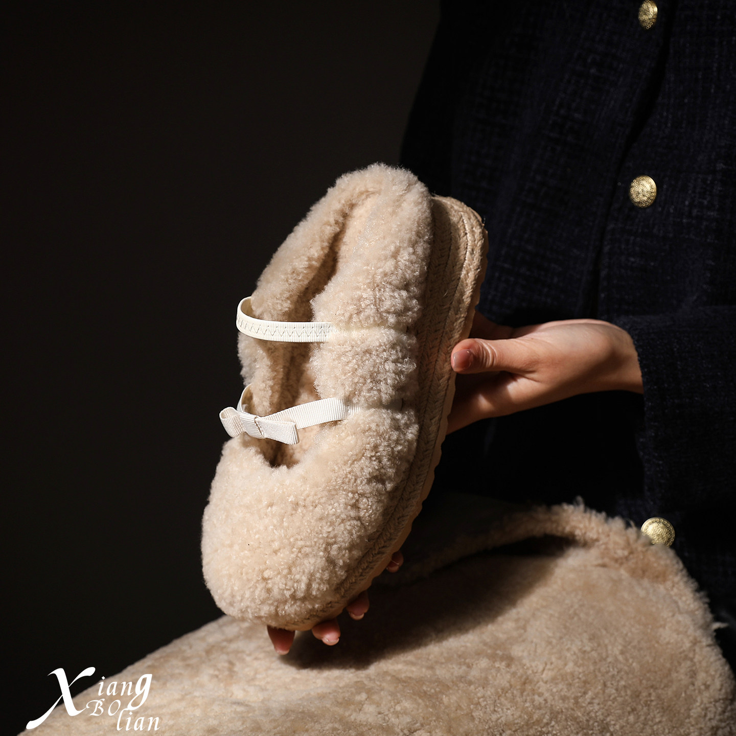 厚底包头拖鞋羊羔毛内增高毛毛鞋