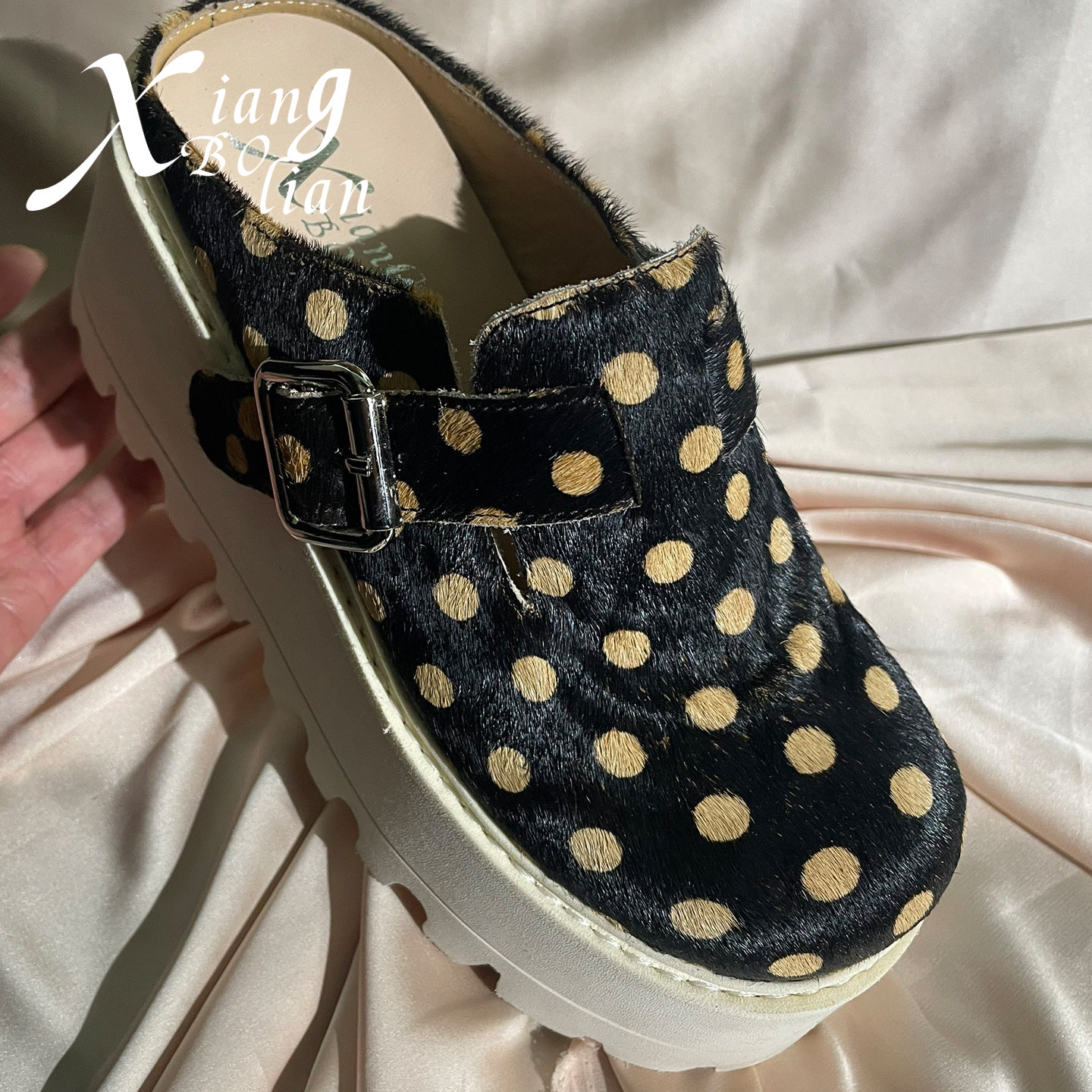 XIANGBOLIAN 手工鞋黑白波点马毛增高厚底拖鞋女外穿高级感博肯鞋