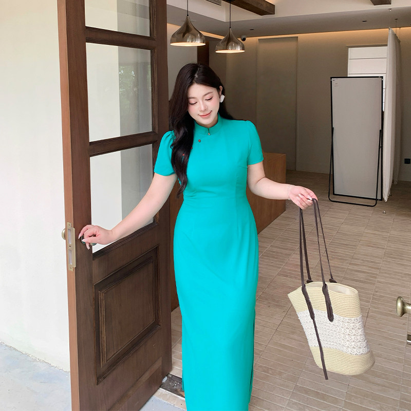 Five-Flower Pattern Is Not Fat-Inducing, New Chinese-Style Ice Silk Wrinkled Improved Cheongsam, Plus-Size Women's Clothing, National Style Slimming Waist-Cinching Dress