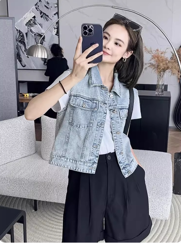 复古银扣直筒马夹女短款