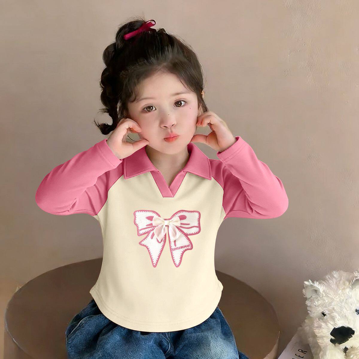 女童春装POLO衫2026新款翻领长袖T恤 休闲上衣 春装新款吸汗韩版