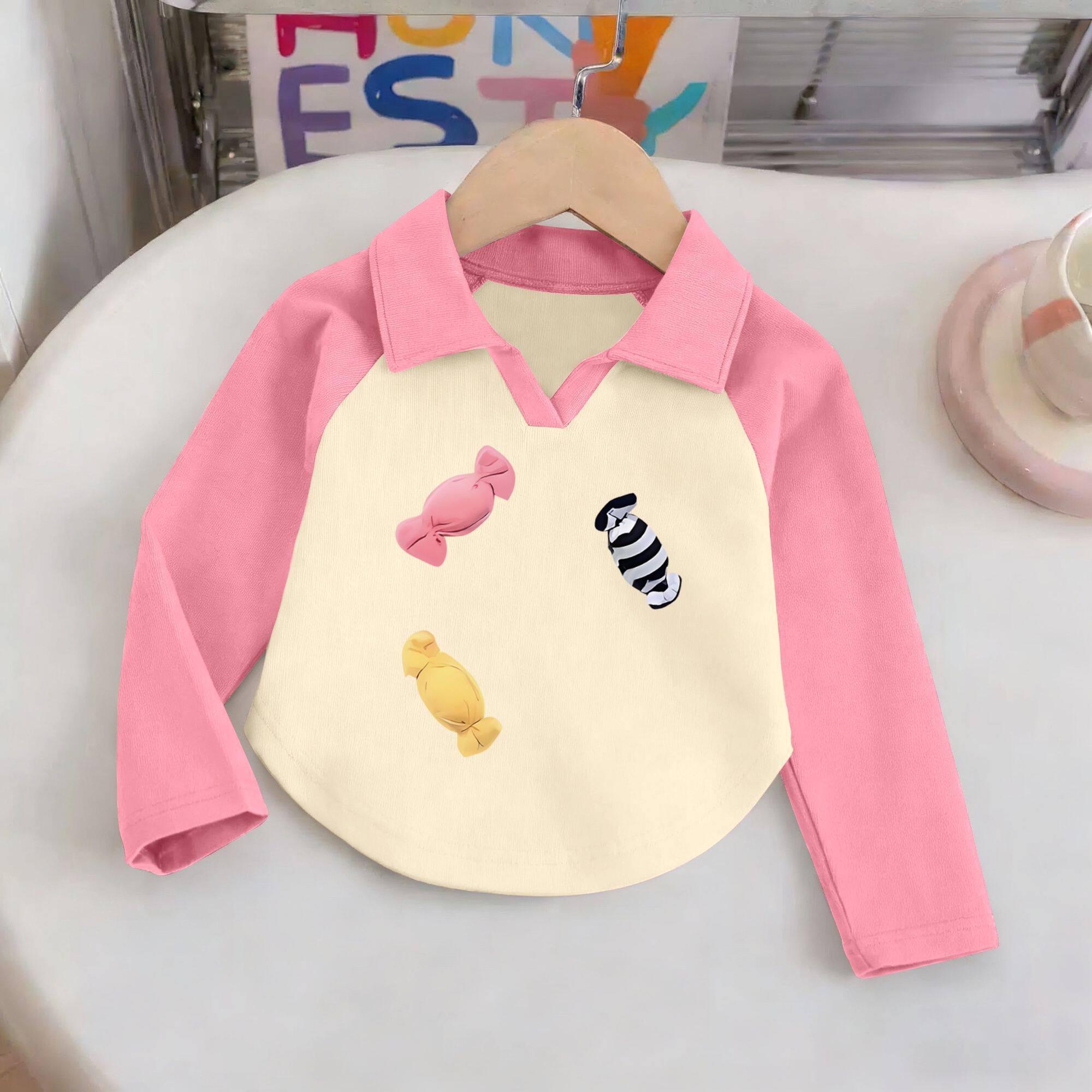 女童纯棉撞色长袖2026春秋儿童新款V领可爱糖果T恤女孩秋装polo衫