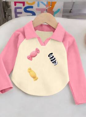 女童纯棉V领长袖糖果POLO衫