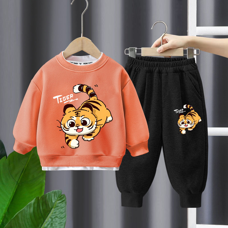 男童秋款套装儿童洋气2024春秋新款中小童假两件卡通卫衣两件套潮