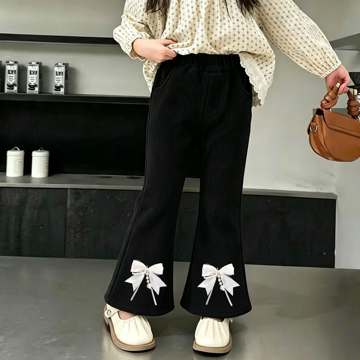 女童春秋黑色微喇长裤新款洋气