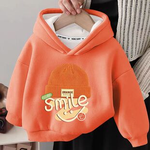 韩系童装显白色秋冬季一体绒连帽卫衣儿童洋气男女童套头衫外搭潮