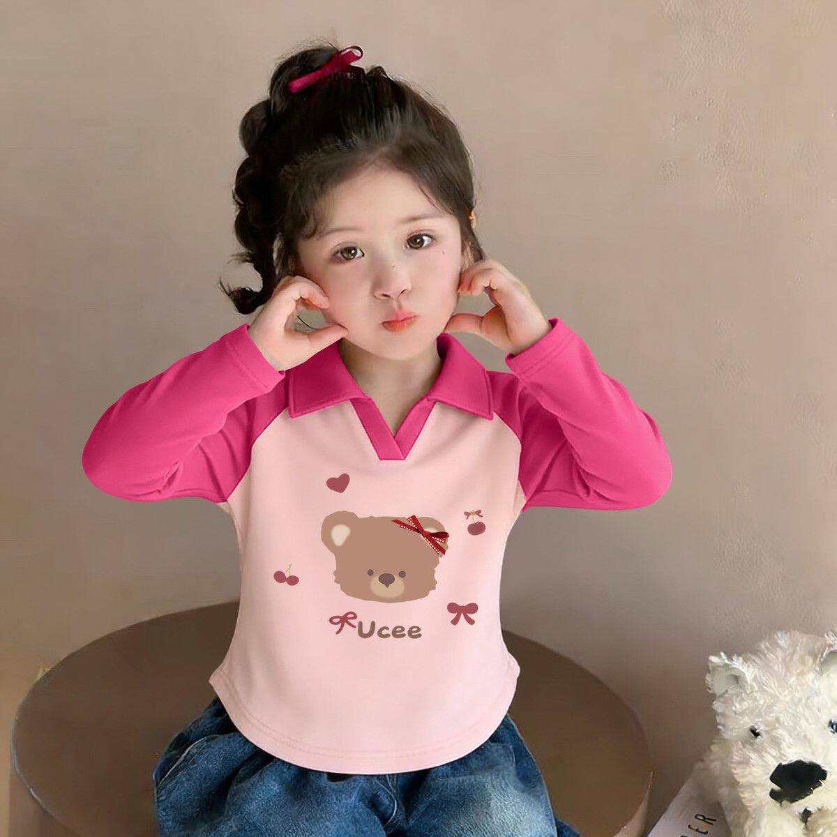 女童T恤春装2026小熊印花新款时尚洋气儿童春秋长袖翻领打底上衣
