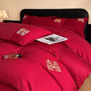 高档婚庆四件套大红色纯棉刺绣结婚被套全棉床单床笠新款喜被床品