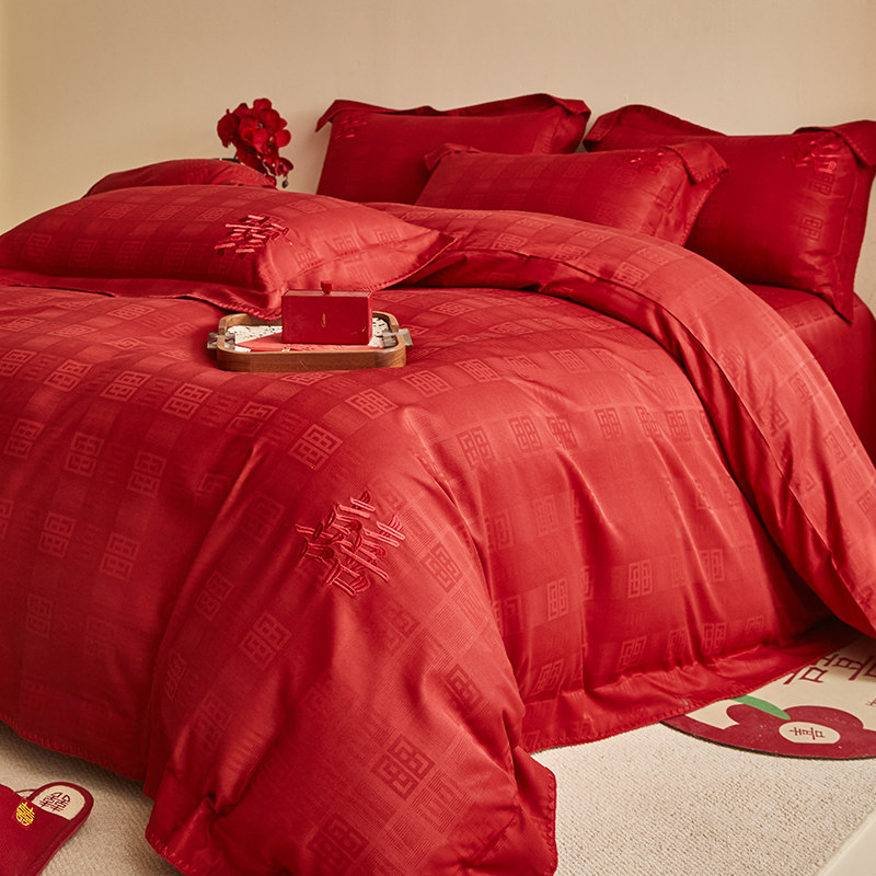 高端婚庆四件套纯棉贡缎提花结婚床单被套婚房喜字大红色新婚床品