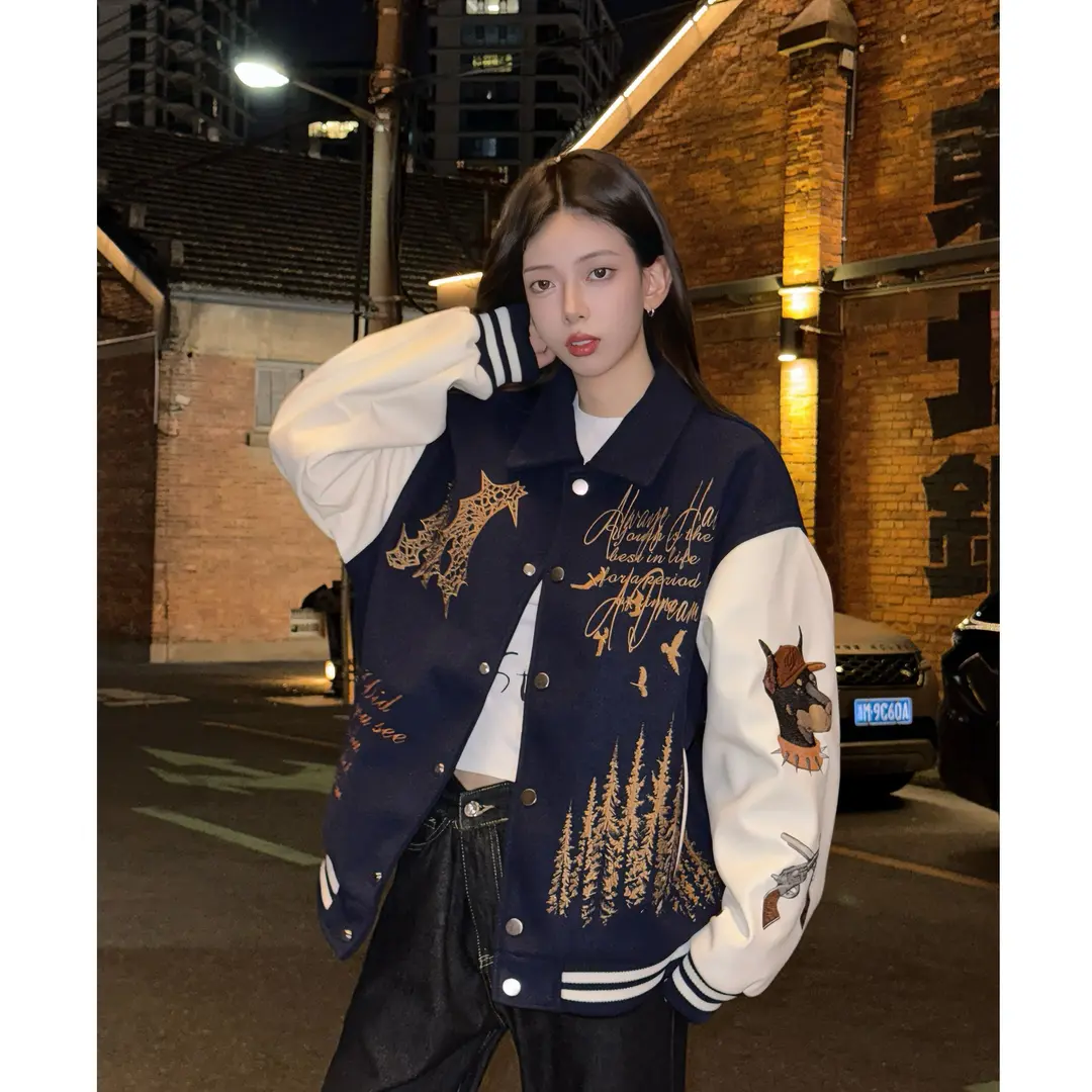 重工刺绣呢料棒球服男女2025年新款美式潮牌廓形高级感飞行员外套