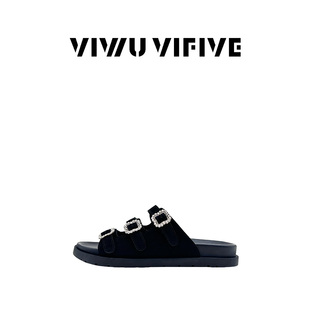 「恬逸」25新欧若风真皮厚底皮带扣镂空水钻显白外穿一字拖鞋女