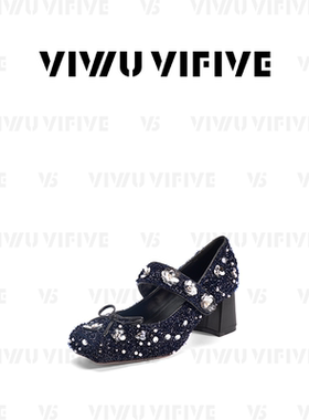 V5 VIWU·VIFIVE「谧夜」粗跟单鞋法式小香风珠片布松紧带玛丽珍
