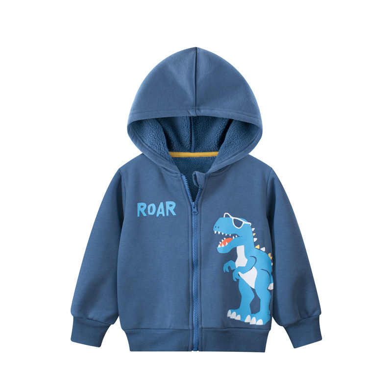 27kids童装儿童春秋休闲外套男童加绒薄绒秋冬季连帽拉链卡通恐龙