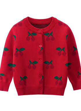 27home品牌纯棉毛衣童装女童春秋装外套儿童小开衫针织衫红色上衣