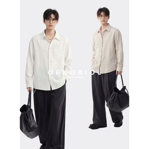 意式休闲男士亚麻顺滑长袖衬衫