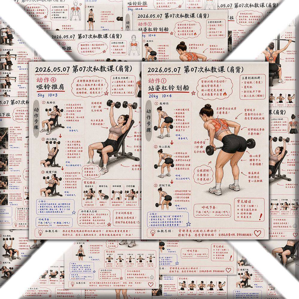 私教课笔记肩背训练计划图解新手健身指南力量训练线条塑形贴纸