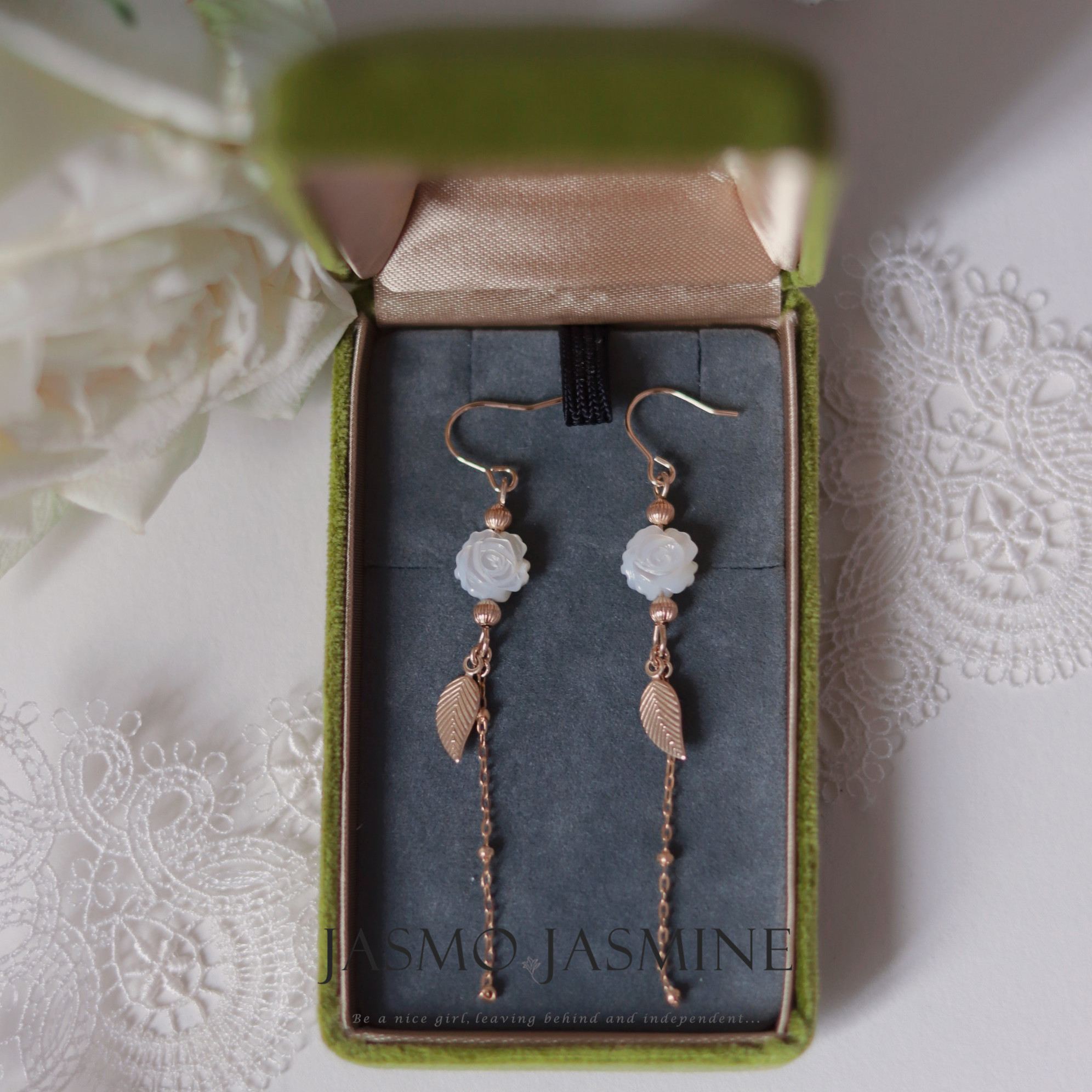 jasmo原创手作天然贝壳玫瑰花朵14k包金耳勾无耳洞蚊香盘耳夹女