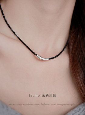 秋冬黑玛瑙925纯银串珠项链女