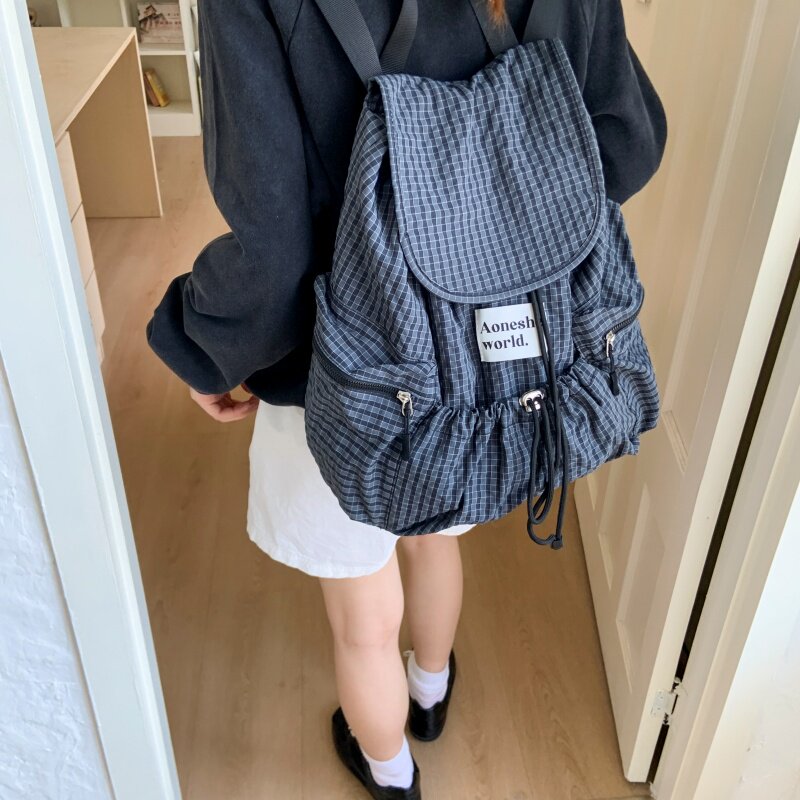红鹮鸟格子大容量女款双肩电脑包