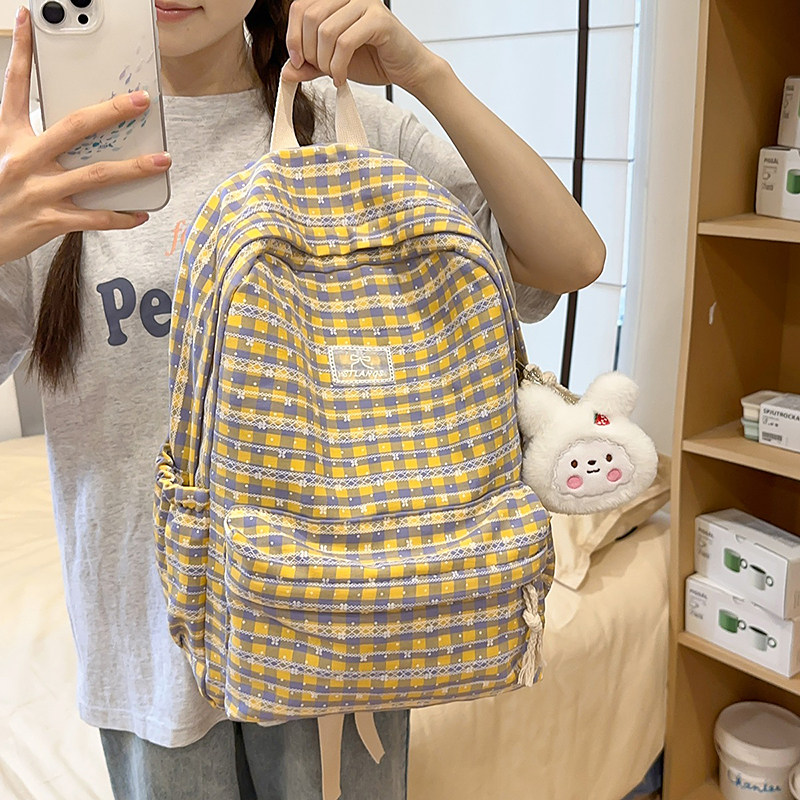 红鹮鸟日系复古格子校园双肩包女