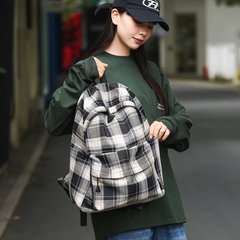 复古格子大容量简约大学生书包女生高颜值ins风初中生日系双肩包