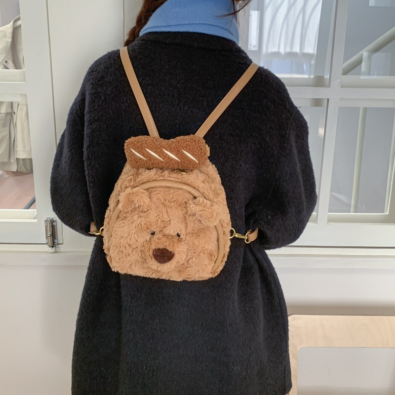 红鹮鸟学院风可爱丑萌小熊毛绒书包学生美式复古迷你双肩包女背包