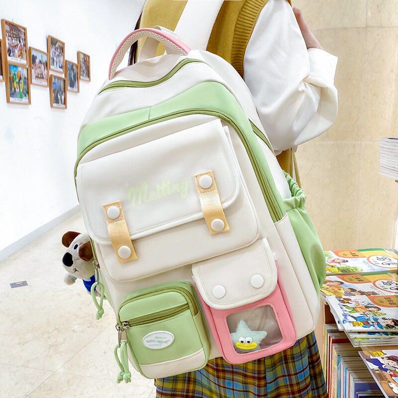 小清新绿色双肩包女2025夏季新款初高中学生书包大容量减负背包25