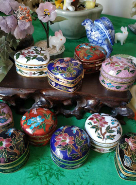 80年代出口创汇老铜胎景泰蓝桃心小首饰盒胭脂盒老货闺房古典摆设