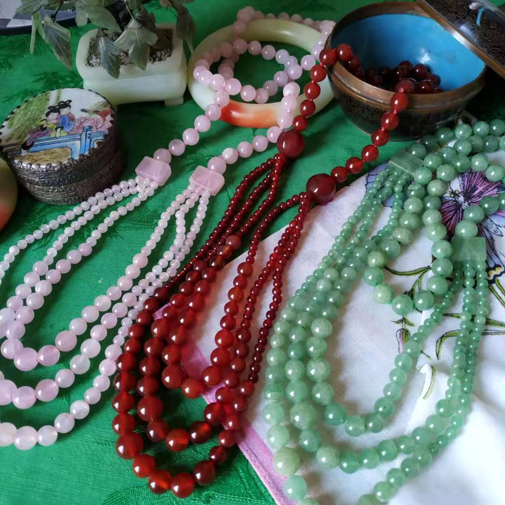 80年代创汇北京首饰进出口公司天然红玛瑙粉晶芙蓉石东陵玉毛衣链