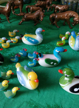 80年代老料器琉璃小鸭子一家摆件纯手工可爱工艺品玻璃动物小摆件